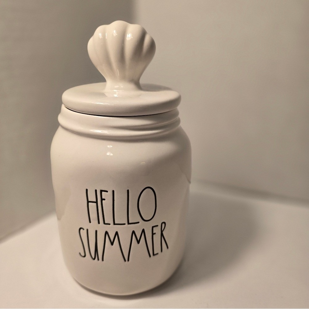 Rae Dunn White Ceramic‎ Jar with Shell Lid Hello Summer text